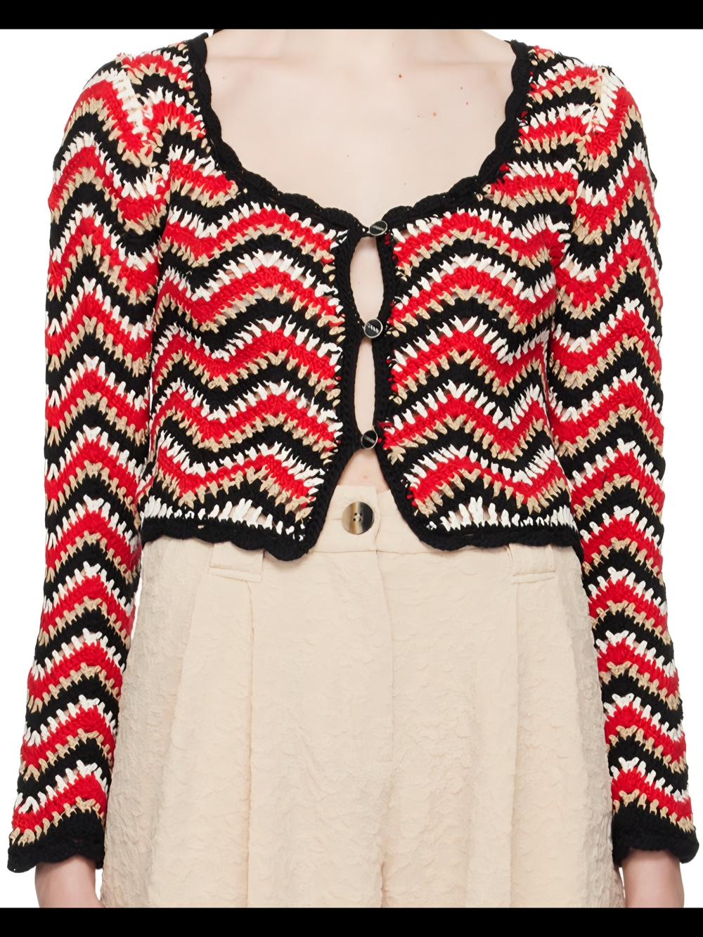 Ganni Red Black Cream Zigzag Cropped Cardigan